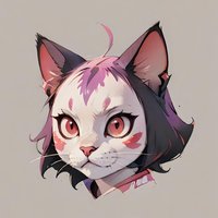 Stylized cat portrait with pink and black fur, dramatic red eyes and distinctive anime-inspired design on neutral background. For gaming art and character design.