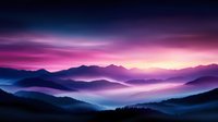 Mystical mountain landscape at dawn with rolling fog and vibrant purple sky creating dreamy atmospheric layers between silhouetted peaks and valleys.