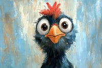 Funny black bird with big eyes and red mohawk feathers on textured blue background, artistic character illustration for children books and greeting cards.