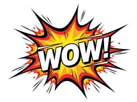 Comic book style explosion burst with WOW text in bold letters surrounded by dynamic flame effects and radiating lines on white background.
