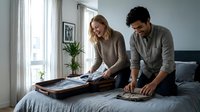 Young couple unpacking belongings on bed during home move, woman with blonde hair and man with dark curly hair organizing items together in bright bedroom.