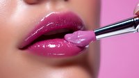 Close up of glossy pink lips with makeup brush applying liquid lipstick, professional beauty cosmetics application on pink background.