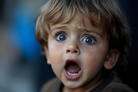 Young blonde toddler boy with blue eyes showing surprised shocked facial expression with open mouth against blurred background for emotional concepts.