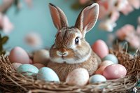 Adorable brown bunny sitting in nest surrounded by pastel pink and blue Easter eggs against blurred spring background with cherry blossoms. Seasonal holiday composition.