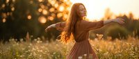 Young woman with long flowing hair dancing freely in golden sunset meadow with wildflowers, expressing joy and freedom in warm evening light outdoors.