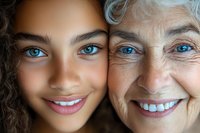 Close up portrait of young mixed race girl and senior woman with bright blue eyes smiling together, showing generational connection and family bond through genuine expressions.