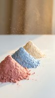 Colorful cosmetic clay powder piles in pink blue and beige with floating particles creating dust cloud effect on white surface for skincare beauty treatments.