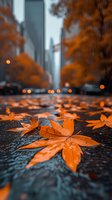 Wet orange autumn leaves scattered on urban street with rain and blurred skyscrapers in background, fall season cityscape for seasonal marketing and design projects.