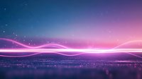 Glowing neon pink waves flow across dark horizon with starry night sky and city lights reflecting on water surface, creating futuristic abstract landscape.