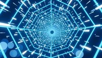 Futuristic digital tunnel with glowing blue neon lights creating geometric hexagonal pattern. Abstract cyber technology background for sci-fi designs.