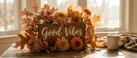 Autumn home decor with Good Vibes sign surrounded by fall leaves, pinecones and flowers on windowsill. Cozy seasonal interior design for thanksgiving.
