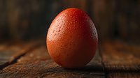 Fresh brown chicken egg with water droplets on rustic wooden surface in moody lighting, macro food photography for farm-to-table concept.