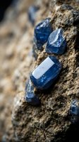 Blue sapphire crystals embedded in natural rock formation showcasing raw gemstone mineral specimens for geology education and jewelry making applications.
