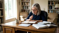 Mature blonde woman with glasses studying at wooden desk surrounded by books in cozy home library, focused on reading and research work.