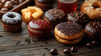 Assorted chocolate desserts including glazed donuts, cupcakes and muffins with sprinkles on rustic wooden background with coffee beans and fresh ingredients.
