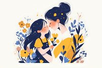 Tender moment between mother and daughter surrounded by decorative floral elements in yellow and blue colors, illustration style artwork on light background.