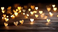 Romantic heart-shaped bokeh lights glowing warmly over rustic wooden surface creating magical atmosphere for Valentine's Day celebrations and love themes.