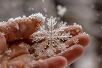 Delicate natural snowflake crystal resting on open palm, showcasing intricate frozen pattern and symmetrical ice formation in macro photography detail.
