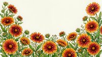 Vibrant red and orange gaillardia wildflowers with green foliage forming a decorative border frame with copy space on cream background.