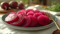 Sliced vibrant pink watermelon radishes arranged on ceramic plate with golden fork, showcasing their striking color gradient and crisp texture for healthy meal preparation.