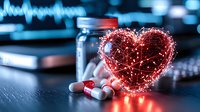 Glowing red heart shape made of light particles next to medical pills and prescription bottle on dark surface with blue bokeh background. Healthcare concept.