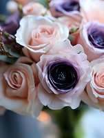 Delicate pink roses blend with deep purple centers in romantic floral arrangement, creating soft contrast and dreamy atmosphere for wedding and celebration designs.