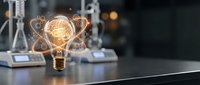 Glowing light bulb with gear mechanisms inside representing innovation and creative thinking in modern office workspace for business concepts.