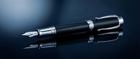 Elegant black fountain pen with chrome accents displayed on reflective surface against dark background, suitable for business, writing, and luxury lifestyle designs.