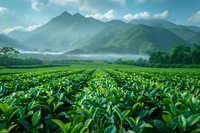 Lush green tea plantation rows stretch toward misty mountains under morning sunlight, creating dramatic agricultural landscape with fog rolling through valley.
