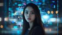 Young Asian woman with long dark hair against blurred urban night lights and bokeh background in neon blue tones, wearing black outfit, portrait in cinematic style.