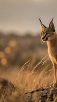 Caracal wild cat with distinctive tufted ears standing on rocky outcrop during golden hour sunset in natural African savanna habitat.