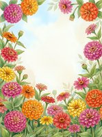 Watercolor zinnia flower frame border with colorful blooms in pink, orange, yellow and red, green leaves, copy space center.