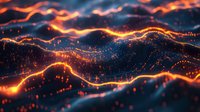 Abstract digital landscape with glowing orange light waves flowing over dark terrain, creating luminous peaks and valleys with scattered particle effects. For tech backgrounds.