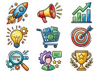 Startup business success icons set with rocket, megaphone, growth chart, lightbulb, shopping cart, target, search, customer service and trophy isolated on white background for marketing and design.