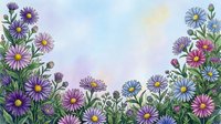 Colorful aster flowers border frame with purple pink blue blooms on watercolor background for greeting cards botanical design projects.