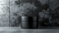 Black matte cosmetic jar on concrete floor against dark textured wall. Minimalist product photography for luxury skincare and beauty packaging mockup.