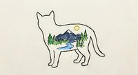 Cat silhouette with mountain landscape scene inside featuring pine trees, lake and moon on beige background for nature lover designs.