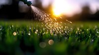 Water sprinkler spraying droplets over green grass lawn at sunset with golden bokeh light effects and sun flare creating magical garden atmosphere.