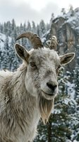 Mountain goat portrait with curved horns in snowy alpine forest landscape during winter season for wildlife and nature photography projects.