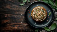 Traditional mooncake with intricate pattern on dark plate, wooden background with green leaves, festive Asian dessert for Mid-Autumn celebration.
