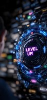 Futuristic digital interface displaying "LEVEL UP!" message with glowing neon elements and data visualization for gaming or technology advancement concepts.