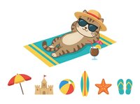 Tabby cat wearing sunglasses and straw hat relaxing on beach towel with summer vacation accessories including umbrella, sandcastle, beach ball, surfboard, starfish and flip-flops isolated on white background.