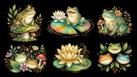 Frogs with botanical elements isolated on transparent background, ready for t-shirt design, clipart, stickers, sublimation and print-on-demand products.