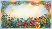 Ornate floral border frame with roses, peonies, and wildflowers in vibrant colors on cream background. Decorative gold scrollwork corners and botanical elements create elegant vintage design suitable for invitations, cards, and stationery projects.
