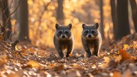 Two curious raccoons walking together through fallen autumn leaves in golden sunset forest light, creating magical woodland atmosphere.