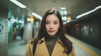 Young Asian businesswoman in yellow coat waiting at subway station platform during commute. Professional urban transportation lifestyle concept.