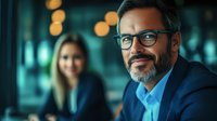 Confident mature businessman with gray beard and glasses smiling during corporate meeting. Professional executive in modern office setting with bokeh lights.