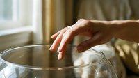 Woman's hand with ring reaching into clear glass bowl near window, soft natural light, elegant home interior scene.