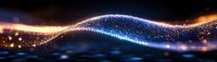 Glowing wave of light particles flowing on dark background with sparkling bokeh effect and luminous blue energy stream in motion.