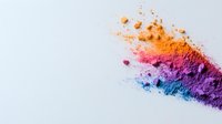 Vibrant crushed makeup pigments creating rainbow gradient from orange through pink and purple to blue, scattered on white background. Cosmetic powder texture.